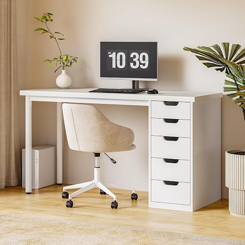 LITTLE TREE Computer Desk with 5 Drawers, 47 Inch White Modern Simple Study Writing Desk with Metal Frame, Work Desk for Home Office