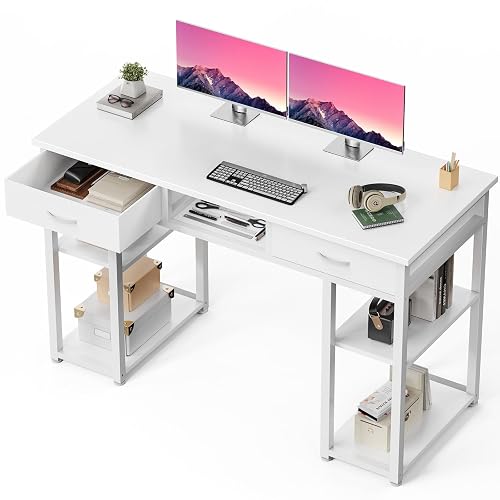DUMOS 48-Inch Computer Desk with Drawers and Hook, White | Home Office Desk for Bedroom, Gaming Writing Study Desk with Adjustable Feet