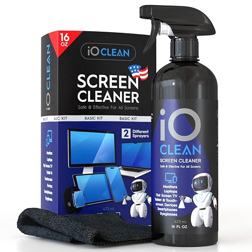 iO CLEAN 16oz Screen Cleaner Spray – Best Large Cleaning Kit | for LCD, LED & OLED TV, Smartphone, iPad, Laptop, Touchscreen, Computer Monitor, Microfiber Cloth Wipes & 2 Nozzles