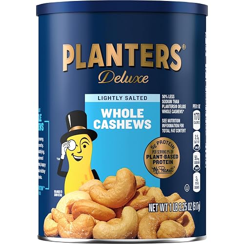 PLANTERS Deluxe Lightly Salted Cashews, Plant Based Protein, 18.25Oz (1 Ct) | Whole Roasted Cashews. Snacks for Adults. Resealable Canister. Plant Based Protein Snack. Pantry Staples