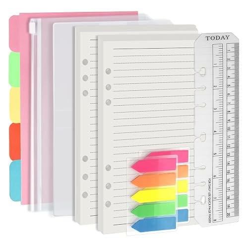 Harphia A5 6 Holes Binder Refill Value Set, 90sheets rulled line loose leaf paper with stickers and dividers, planner inserts with binder pockets for A5 binder 6 holes refillable notebook,005da5line