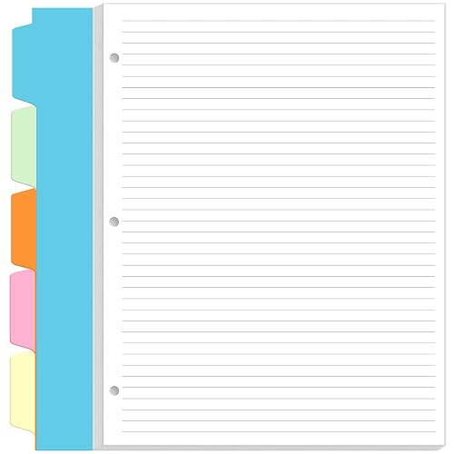 3 Hole Lined Paper for A4 Binder - 50 Sheets/100 Pages Loose Leaf Paper Line Refills, 5 Sheets Dividers, 8.5" x 11"