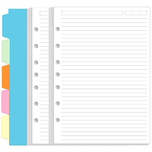 7-Hole Lined Paper Refills for Mini Binder - 100 Sheets/200 Pages 7 Ring Loose Leaf Lined Paper with Binder Dividers, 5.8" x 8.5"