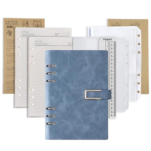 DY.2ten Refillable Notebook Set with PU Binder Cover - 6 Hole & Loose Leaf - 87 Sheets (174 Pages) of Lined Paper + A5 Zipper Binder Pockets + 3-fold Pouch + Index Note Tabs