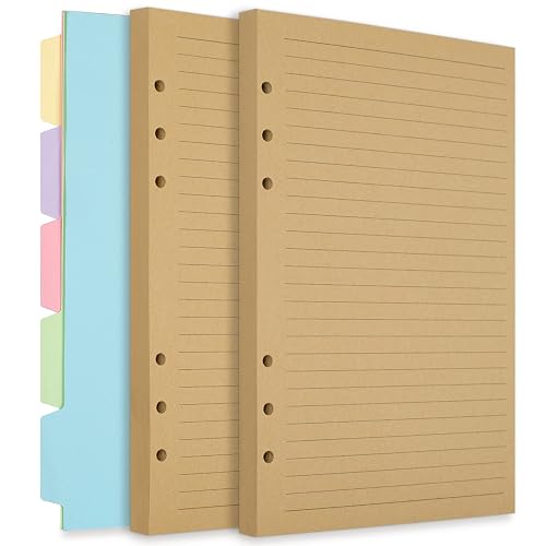 A5 Refill Paper, 6 Ring Lined Paper with Binder Dividers, 240 Pages, Brown | A5 Binder Inserts for Budget Planner Journals Notebook, Planner Inserts for 6 Ring Binder, Loose Leaf Kraft Paper