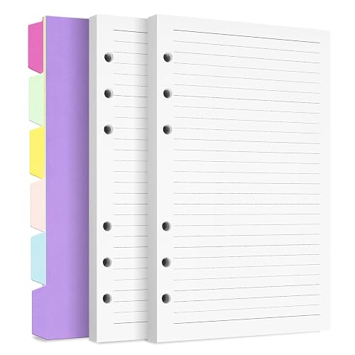 A5 Refill Paper, 6 Hole Planner Inserts with Binder Dividers, 240 Pages | A5 Binder Inserts for Notebook Journal, College Ruled Loose Leaf Paper for 6 Ring Binder