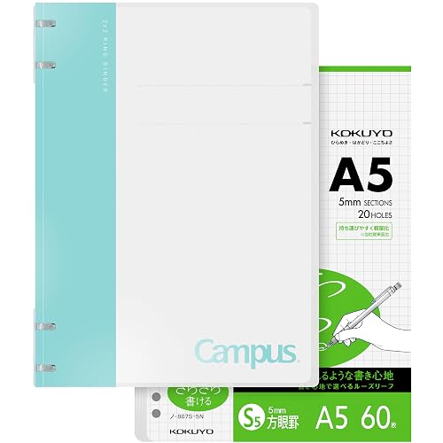 KOKUYO Campus 2x2 Spiral Binder Notebook Set, A5 Refillable Notebook + 60 Refill Papers with 5x5 Graph Ruled, 40 Sheet Capacity, Light Blue, Perfect for Work, Study & Journal