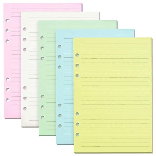 Lined Refill Paper, 200 Colored Ruled Pages for A5 Refillable 6-Ring Binder Notebook Journal Planner Organizer Insert, 120 GSM Thick Loose Leaf Paper