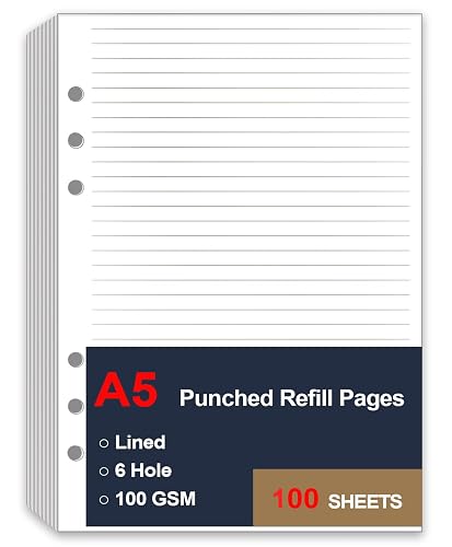 A5 Lined Paper Refill, 6 Hole Notebook Refills Paper for 6 Ring Refillable Binder, A5 Filler Paper, Loose Leaf Paper for Filofax Planner Refills, Organizer, 100 Sheets/200 Pages, 5.8 x 8.2 Inch