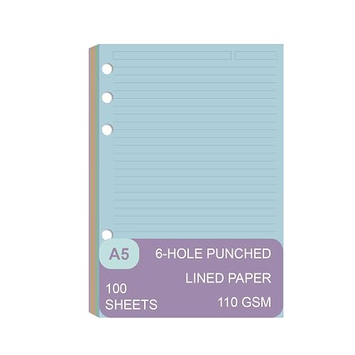 A5 Filler Paper, 6 Hole Colorful Refills, Lined Paper for 6 Ring Binder, 110 Gsm, 5-Color, Loose Leaf Planner Refill, 100 Sheets/200 Pages, 5.7 x 8.3 Inch
