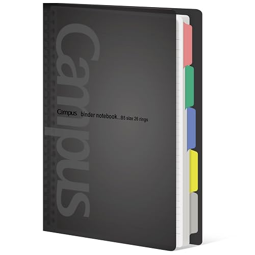 KOKUYO 5 Subject Spiral Notebook, Campus B5 Refillable Journal with 5 Tab Dividers, 100 Sheets in 7mm Dotted Ruled Loose Leaf Paper, Black, Japan Import