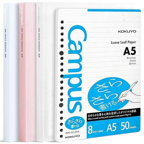 KOKUYO Campus A5 Refillable Ring Binder Notebooks, 3 Pack, 80 Sheets Total | Japanese Stationery Set in Light Colors, 8 mm Ruled Paper, 100-Sheet Capacity Each, Fold-Back Covers for School & Work