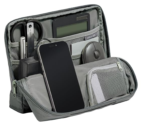 KOKUYO Pencil Case Pouch, Haco-Biz Standing Pen Pouch Bag, Foldable Stand up Pencil Holder Organizer, Large Capacity Portable Pencil Box for Office Supplies, Gray
