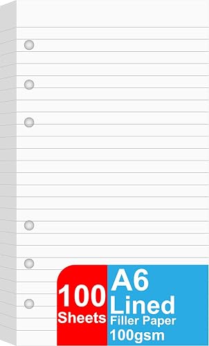 A6 Lined Refill Paper, 100 Sheets/200 Pages Loose Leaf Paper for Filofax Person Binders, 6 Holes Punched, 100gsm Ruled White Filler Paper, 3.75'' x 6.75''