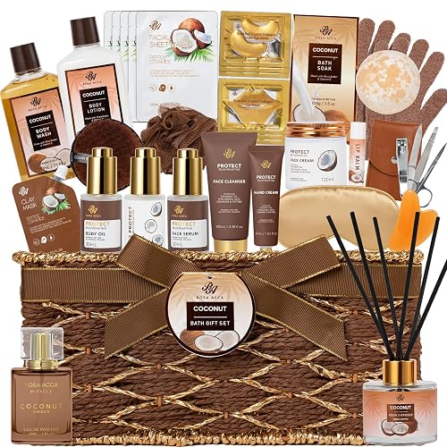 35 Pcs Coconut Vanilla Spa Gift Basket for Women & Men, Face Skin Care Set | Bath & Body Gift Set, Self Care Pamper Kit, Diffuser, Bath Bomb, Birthday, Christmas, Valentines, Mother Day, Anniversary