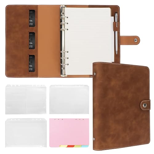 FYY A5 Binder Refillable Planner Notebook 6 Ring, Brown | PU Leather Binder Journal with Pockets, Dividers, Refill Paper