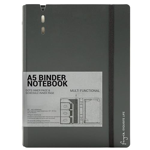 CAGIE A5 Binder 6 Ring Refillable Notebook with Dividers & Pockets | Daily Planning Square Ruled and Dotted Pages, Refill Paper Included, 6.89 x 9.25 In (Grey, A5 Daily & Dot Page)