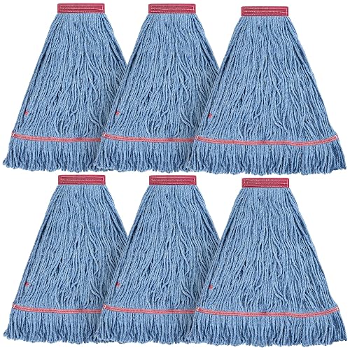 Matthew Cleaning 24oz Heavy Duty Mop Head Commercial Replacement for General and Floor Cleaning, Wet Industrial Blue Cotton Looped End String Head Refill (Pack of 6) Blue