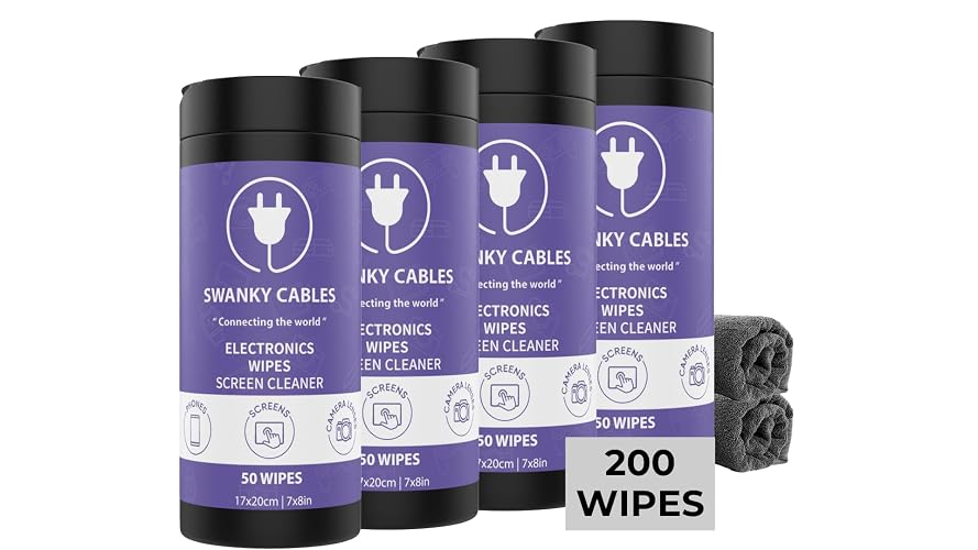 Swanky Cables Screen Cleaner Wipes: Electronic Wipes for Screens - Computer Screen Wipes for Lens, Phone, Tv Screen and Monitor Cleaning - Tech Wipes & Microfiber Cloth (Canister, 200 Count)