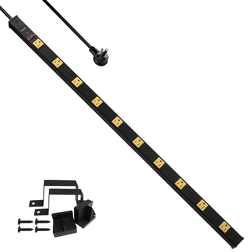 SURAIELEC 10 Outlet Long Power Strip, 1000 Joules Surge Protector | 6FT Cord, Industrial Heavy Duty, Flat Plug, 15A Breaker, Wall Mountable, Work Bench, Shop, Garage