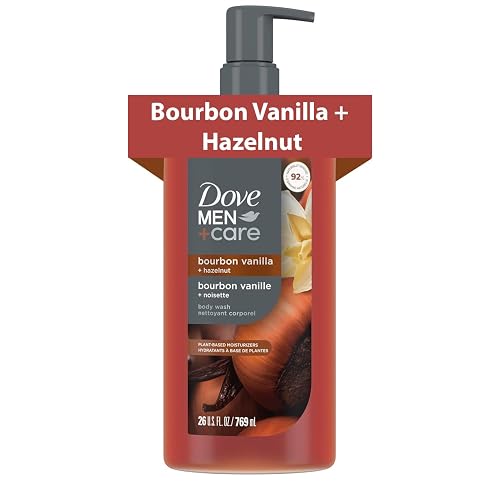 Dove Men Moisturizing Body Wash, Bourbon Vanilla + Hazelnut, 26 oz | For dry skin, Helps nourish and hydrate, With plant-based moisturizers, For daily showers