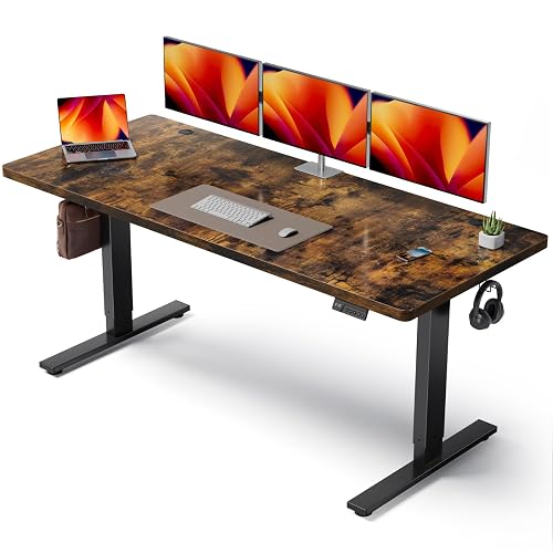DeskShow Brown 71x30 in Electric Standing Desk, 1 Inch Thick Tabletop | Double Beam Frame, Holds 220lbs, Sit Stand, 3 Memory Height Adjustment, Extra Deep Tbale Top, Black Frame