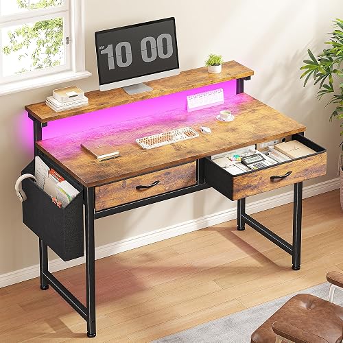 DurayLoly Gaming Desk with 2 Drawers &LED Lights,Space Saving,Rustic Brown | Computer Desk with Ergonomic Monitor Stand,Office Desk with Side Pocket and Hook,Study Writing Table for Small Spaces