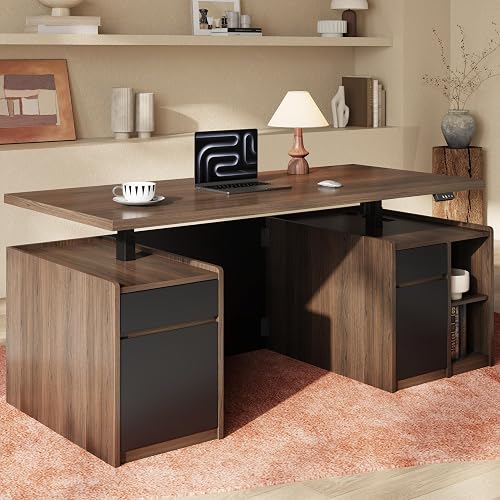 ModernMate 71" Executive Electric Standing Desk with 3 Drawers & Storage | Height Adjustable Wood Desk with Privacy Panel, File Cabinet, Power Outlets, One-Piece Desktop for Home Office, Black Walnut