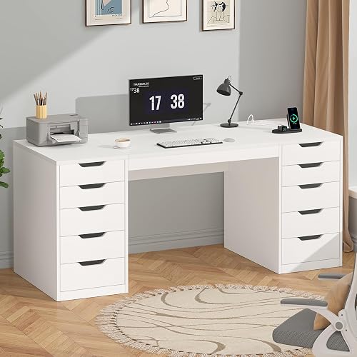 YOMILUVE 55 Inch Computer Desk with 10 Drawers and Outlets for Home Office | Home Office Desks with Storage File Cabinet and Charging Station, Modern Simple Laptop Desk Writing Table, White