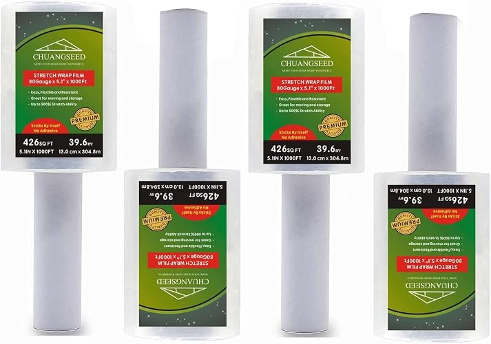 4-Pack Industrial Mini Clear Stretch Wrap Film 80 Gauge 5.1" 1000ft for Pallet Wrap, Durable Self-Adhering Packing, Moving, Packaging, Heavy Duty Shrink Film Chuangseed