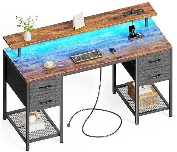 Huuger 55 inch Computer Desk with Power Outlets & 4 Drawers | Gaming Desk with LED Lights, Home Office Desk with Storage Space for Bedroom, Work from Home, Rustic Brown