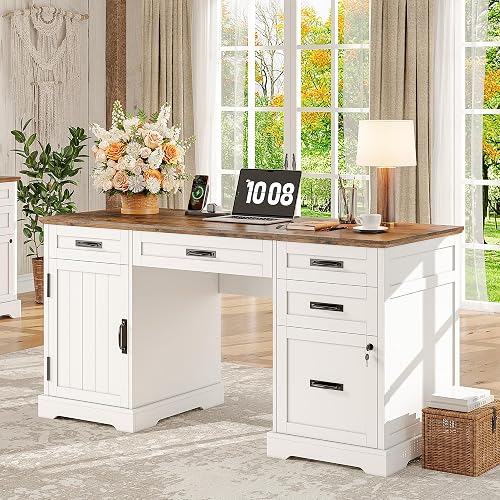 Whalefall 55'' Farmhouse Desk Home Office with Drawers, White | Executive Computer Desk with File Cabinet and Charging Station, Wooden Small Desk with Locking Drawers Storage