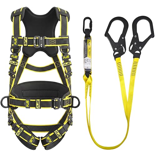 KJE Safety Harness Fall Protection Kit, w/6FT 2 Leg Shock Absorbing Lanyard | Full Body Harness, for Construction Roof, Double Leg & Black Large Hook, Upgrade 4 Buckles, ANSI/OSHA