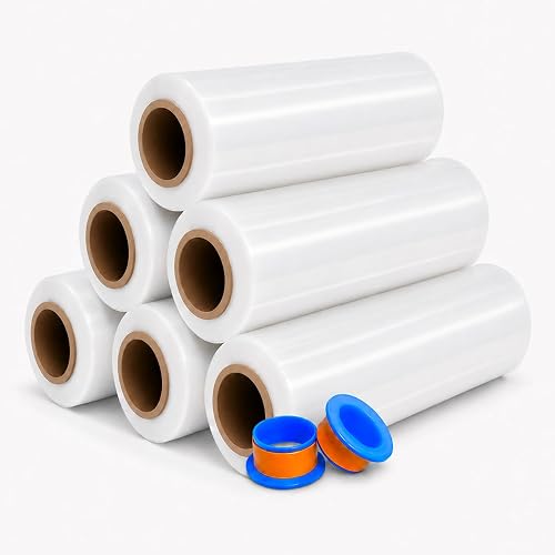 6 Rolls x 18" x 1500 Feet x 80 Gauge Clear Commercial Grade Heavy Duty Plastic Stretch Film Shrink Wrap | Industrial Strength Durable | Shipping Moving Packing Logistics | Holder Included