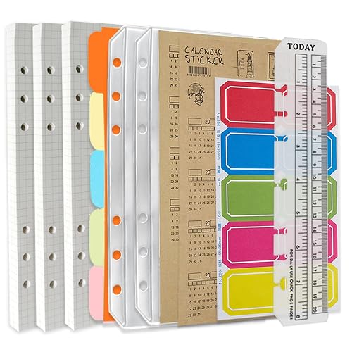 DY.2ten A5 6-Hole Binder Notebook Refills Set - 135 Sheets (270 Pages) Graph Paper + 2pcs A5 Zipper Binder Pockets + 5 Pcs A5 Dividers + Index Note Tabs + index with date + Ruler