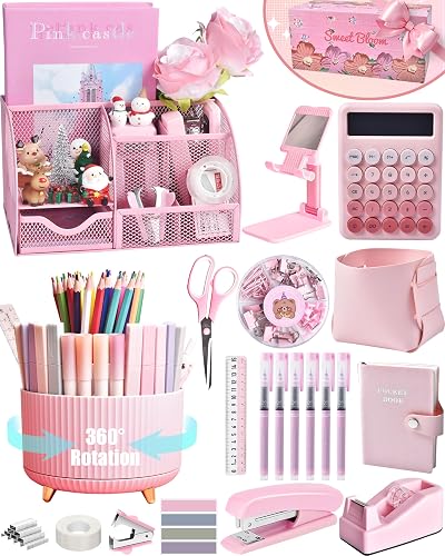 LXEVIHK Pink Desk Accessories 21-Piece Office Supplies Gift Set for Women | Desk organizers and accessories, office desk accessories, pink office supplies, desk organizer & more in a gift-ready box