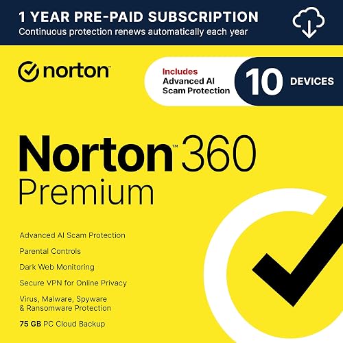 Norton 360 Premium Antivirus, 10 Devices, Auto-Renews [Download] | Includes AI Scam Protection, Advanced VPN, Dark Web Monitoring, & PC Cloud Backup