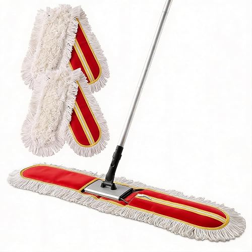 CLEANHOME 36" Commercial Dust Mops for Tile Hardwood Floor Cleaning, Red | 59" Long Handle, Heavy Duty Floor Duster Mop, Hotel Gym Household Cleaning Supplies