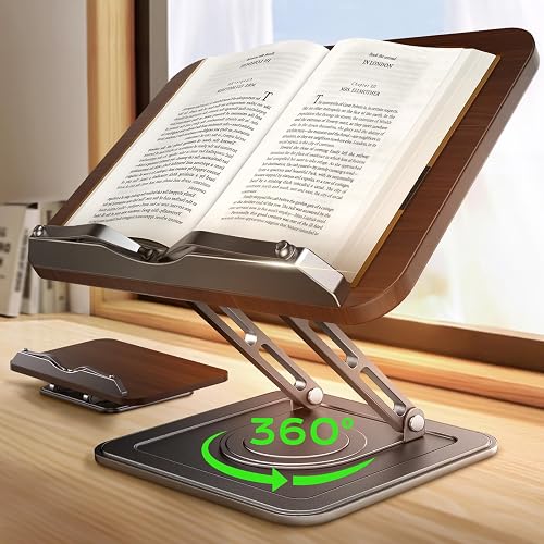 LOXP Book Stand for Reading, 360° Rotating Holder with Page Clip, Ergonomic | Adjustable height angle, Hands-free, anti-slip base, Fits tablets cookbooks magazines laptops, wood and metal, Black