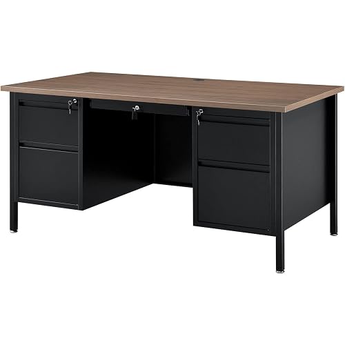 Global Industrial 60" W x 30" D x 30-1/2"H Steel Teacher's Desk, Walnut Top | Black Frame, Double Pedestal Desk with Center Drawer, 4 Locking Box/Box Drawers