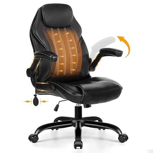 Ylzyxal Office Desk Chair, Ergonomic Computer Chair with Padded Flip-Up Arms and Adjustable Lumbar Support, PU Leather Executive Chair with Tilt Lock and 360° Swivel Rolling Wheels for Work, Study