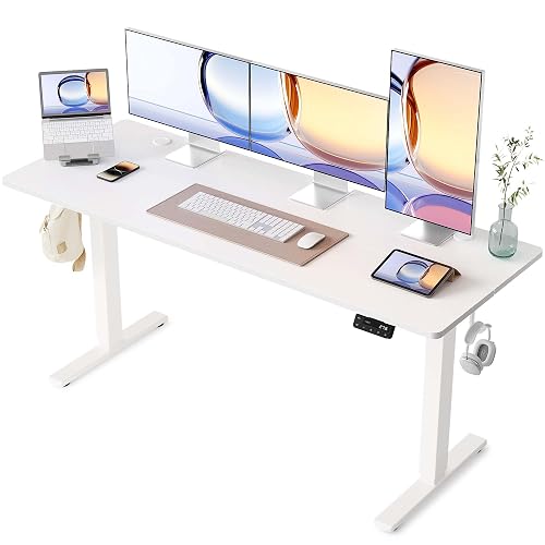 YIHAYO Electric Standing Desk, 63 x 24 Inches Stand Up Desk with Splice Board, Adjustable Height Desk, Computer Desk for Home Office, White Frame/White Top