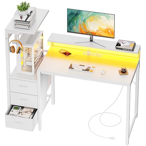 HLDIRECT 44 Inch Gaming Desk with Power Outlets & LED Lights, White | Reversible gaming computer desk with built-in monitor stand, 3 fabric drawers & 4 side hooks, 2 AC outlets & 3 USB ports