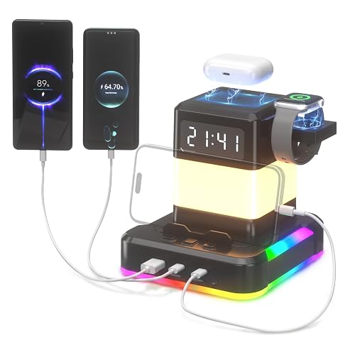 KDD Bedside Lamp with Wireless Charger, 6 in 1 Table Lamp with Digital Clock and USB A&C Ports for Watch Earbuds, RGB Nightstand Light with 4 Lighting Modes for Living Room, Bedroom, Kids Room