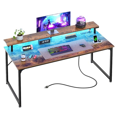 PRAISUN 48 inch Gaming Desk, LED & Outlets, Monitor Stand, Rustic Brown | Sturdy PC Desk for Home Office, Study & Work, LED Lights, 4 AC Outlets & USB-C Charging Station