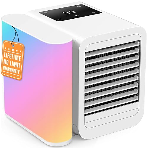 DRAWLEY Portable Air Conditioners Fan: Air Conditioner, Ac Unit | Evaporative Air Cooler - Personal Mini Air Cooler with Timer & 7 Light Ac Unit for Bedroom Room Desktop Office (Paper White)