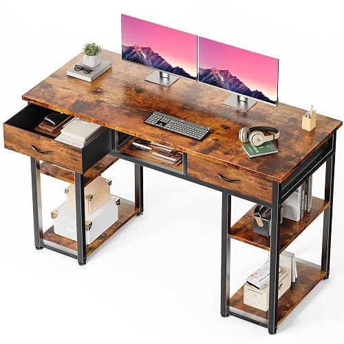 DUMOS 48-Inch Computer Desk with Drawers and Hook, Brown | Home Office Desk for Bedroom, Gaming Writing Study Desk with Adjustable Feet