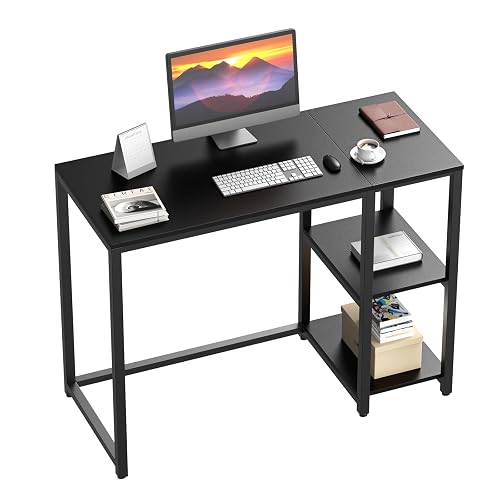 SINPAID 40" Small Gaming Computer Desk with Shelves for Home Office, Black | Easy Assembly Gaming Desks, Sturdy Writing Desk with 2-tier Shelf for Bedroom & Home Office
