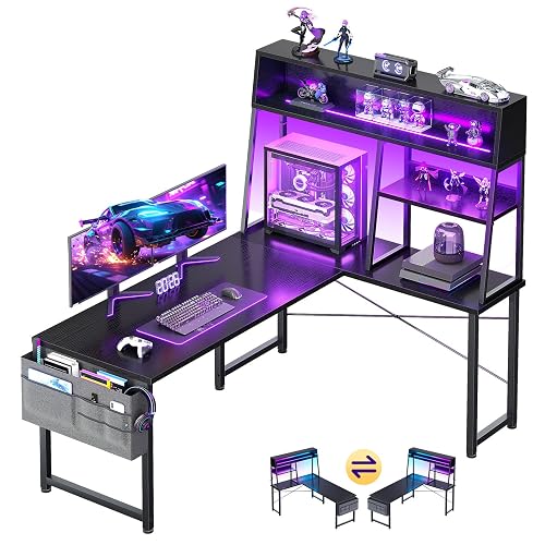AODK 51 Inch L Shaped Gaming Desk with Display Shelves, LED Lights, Black | PC Tower Display Shelf, Display Hutch, Hanging Side Bag, Open Legroom, Reversible Layout for Gaming and Home Office