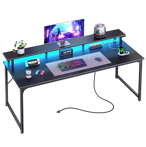 PRAISUN 55 inch Gaming Desk, LED & Power Outlets, Monitor Stand, Black | Sturdy PC Desk for Home Office, Study & Work, LED Lights, 4 AC Outlets & USB-C Charging Station